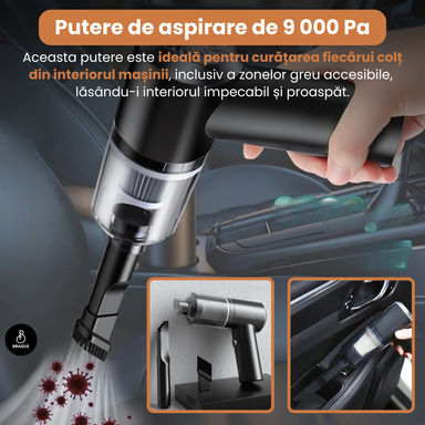 Mini Aspirator Auto Portabil, Acumulator 2400mAh, 9000Pa, 120W, Autonomie 30min, 2 în 1 Aspirare și Suflare, Vidare, Umflare, LED, Filtru HEPA, 3 Filtre Incluse, pentru Mașină și Casă, Încărcare USB