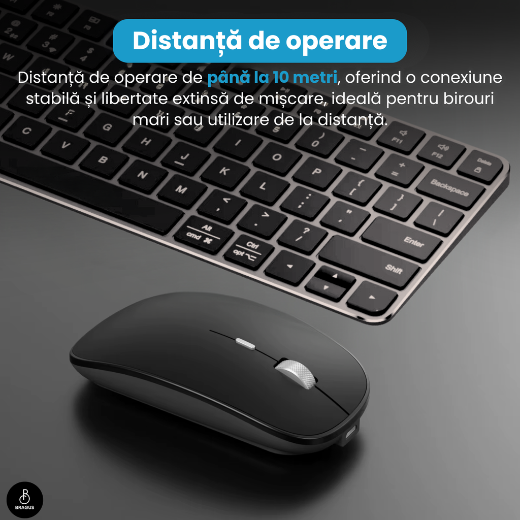 Tastatură Wireless Reîncărcabilă, BRAGUS, Bluetooth 5.1, USB, 500mAh, Ultra Subțire, Aluminiu, Conectare Simultană pe 3 Dispozitive, Compatibilă PC, Windows, Mac, iOS, Android, Type-C, 230g