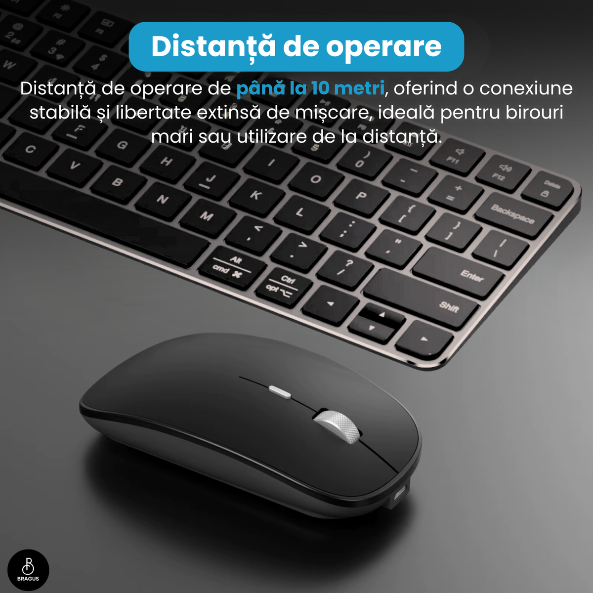 Tastatură Wireless Reîncărcabilă, BRAGUS, Bluetooth 5.1, USB, 500mAh, Ultra Subțire, Aluminiu, Conectare Simultană pe 3 Dispozitive, Compatibilă PC, Windows, Mac, iOS, Android, Type-C, 230g
