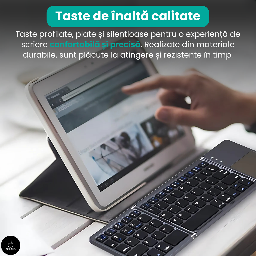Tastatură wireless pliabilă, ultra-subțire, portabilă, reîncărcabilă USB-C, touch pad cu 2 click-uri, pliabilă în 3 secțiuni, Bluetooth 5.0, compatibilă Android, iOS, Smart TV, tabletă, PC, 200g