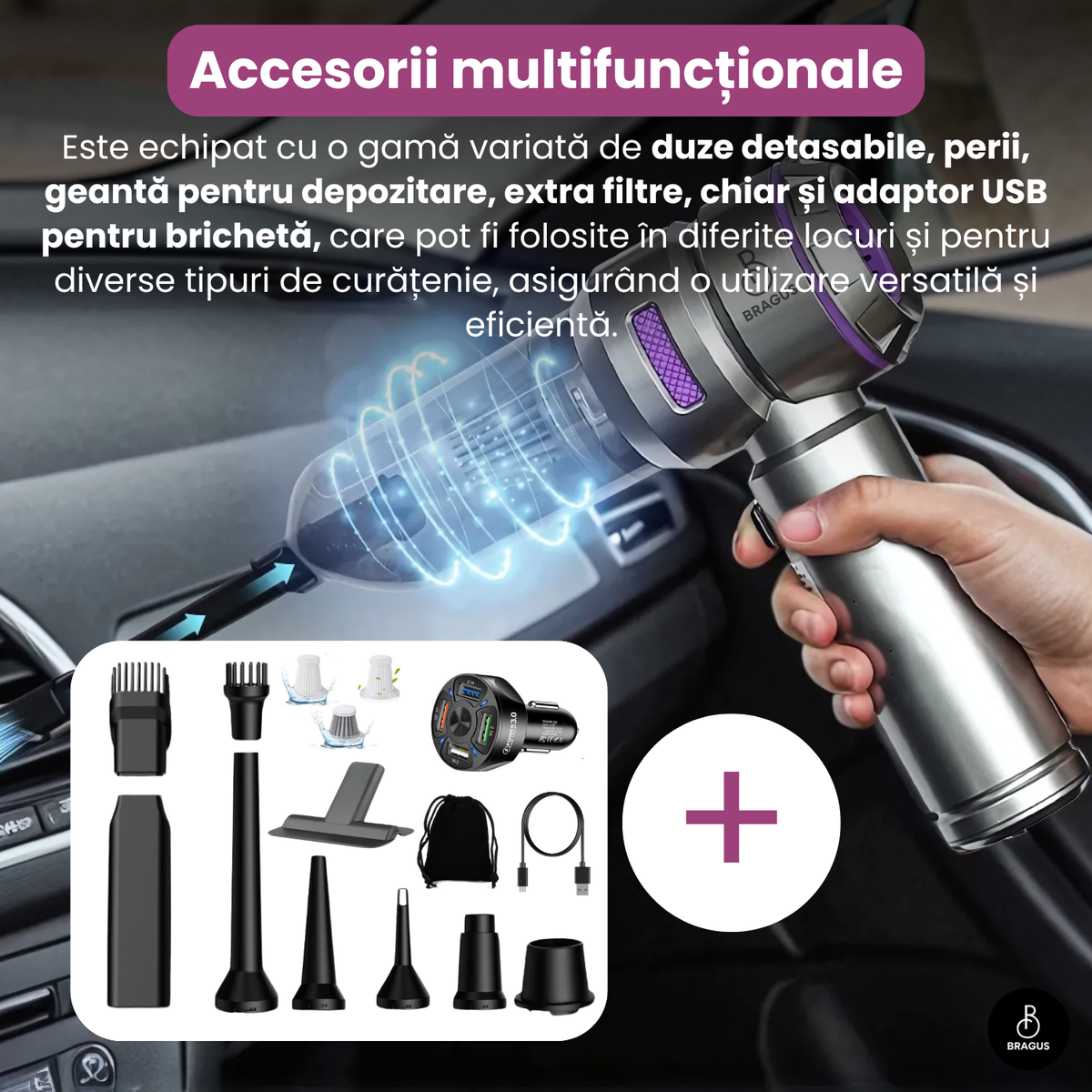 Mini Aspirator Auto Portabil, 16000 PA, Baterie 6000mAh, 100W, 90000RPM, Autonomie 30min, Aspirare, Suflare, Vacuum, 3 Viteze, 9 Accesorii, 3 Filtre HEPA Reutilizabile, Pentru Mașină și Casă