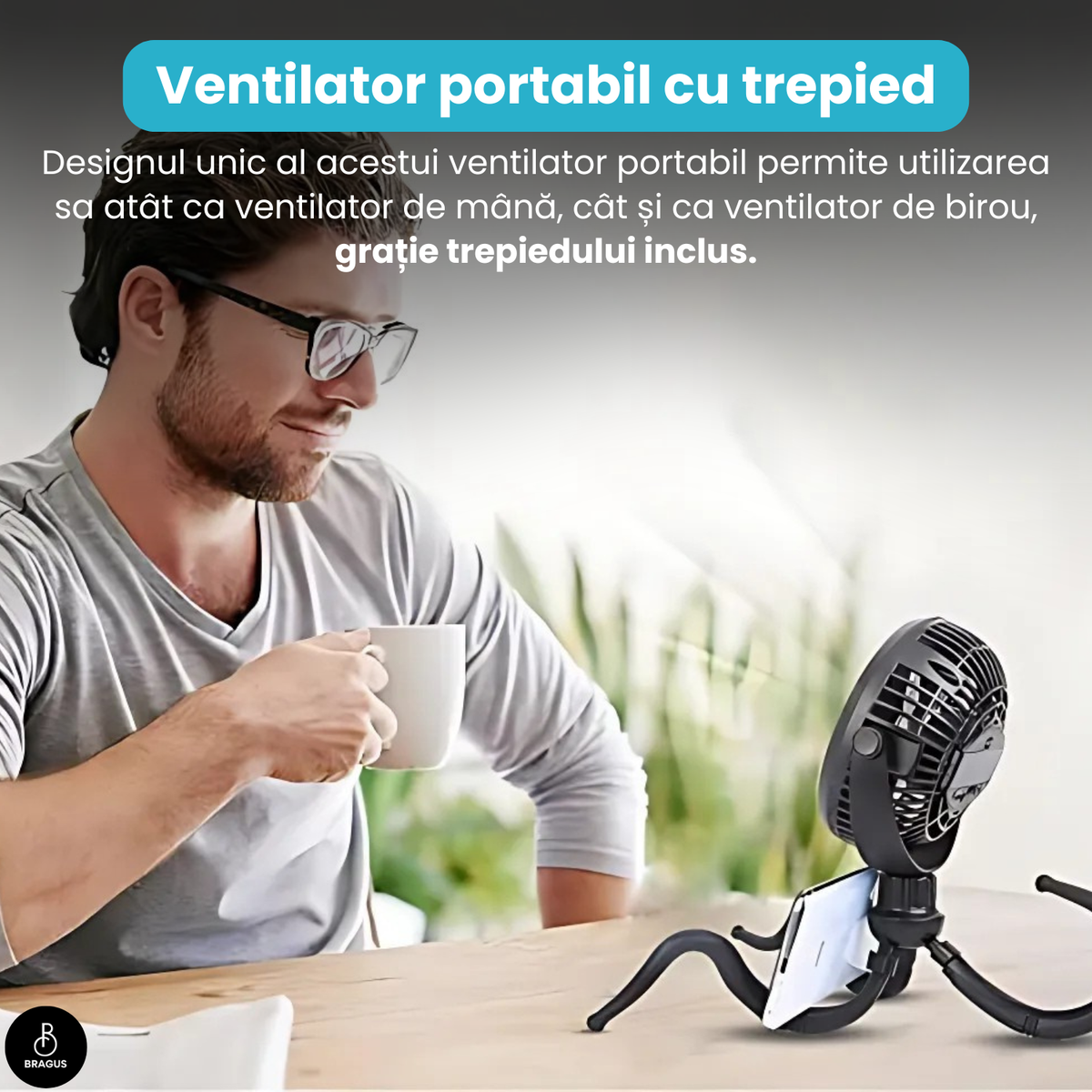 Ventilator Portabil, Trepied Flexibil și Detașabil, Baterie 2600mAh, Autonomie 10h, Reîncărcabil USB, 3 Trepte, Rotire 360, Silențios, Ventilator Mobil Birou, Călătorie, Camping, Mașină, Casă, Negru