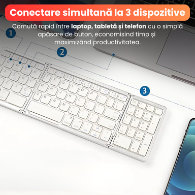 Tastatură Pliabilă Ultra Subțire, Bluetooth 5.0, Reîncărcabilă USB, 140mAh, Autonomie 100h, Pliabilă în 3 secțiuni, 3 Conexiuni Simultane, Wireless, Compatibilă cu Android, iOS, Smart TV, PC, 200g