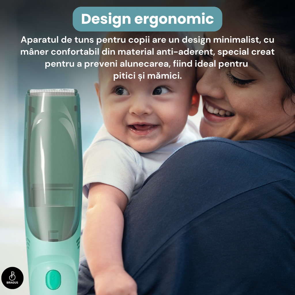 Aparat de Tuns pentru Bebelusi, Copii si Adulti, BRAGUS, 600mAh, 2 Trepte de Viteza, 2 Motoare Silentioase, Functie de Aspirare a Parului, Rezistent la Apa IPX7, Reincarcabil USB, 3 Piepteni Inclusi
