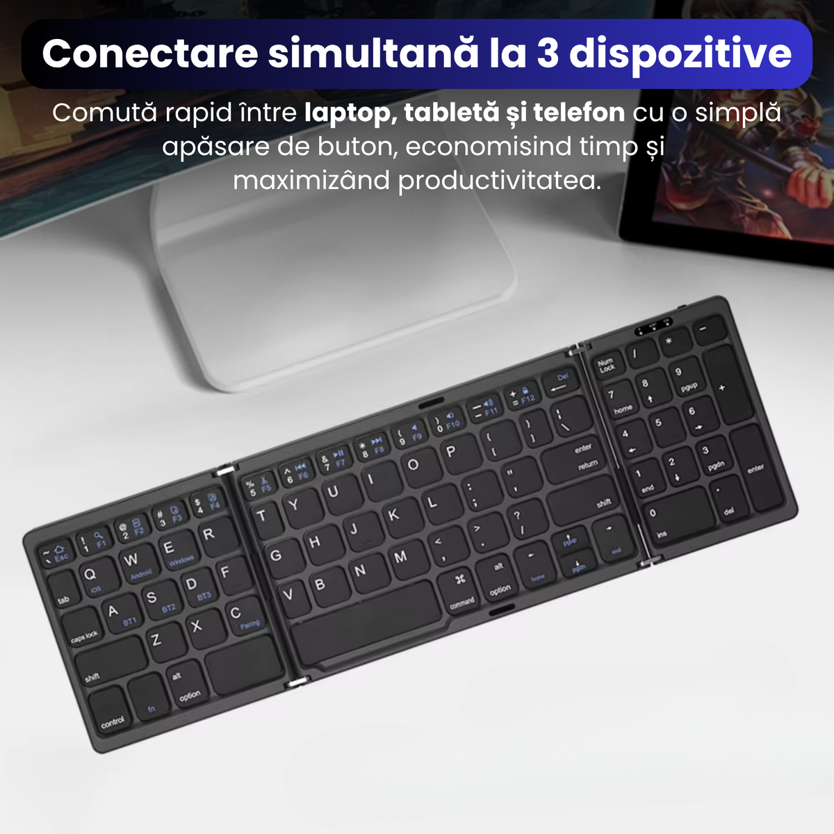 Tastatură Pliabilă Ultra Subțire, Bluetooth 5.0, Reîncărcabilă USB, 140mAh, Autonomie 100h, Pliabilă în 3 secțiuni, 3 Conexiuni Simultane, Wireless, Compatibilă cu Android, iOS, Smart TV, PC, 200g