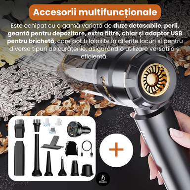 Mini Aspirator Auto Portabil, 16000 PA, Baterie 6000mAh, 100W, 90000RPM, Autonomie 30min, Aspirare, Suflare, Vacuum, 3 Viteze, 9 Accesorii, 3 Filtre HEPA Reutilizabile, Pentru Mașină și Casă