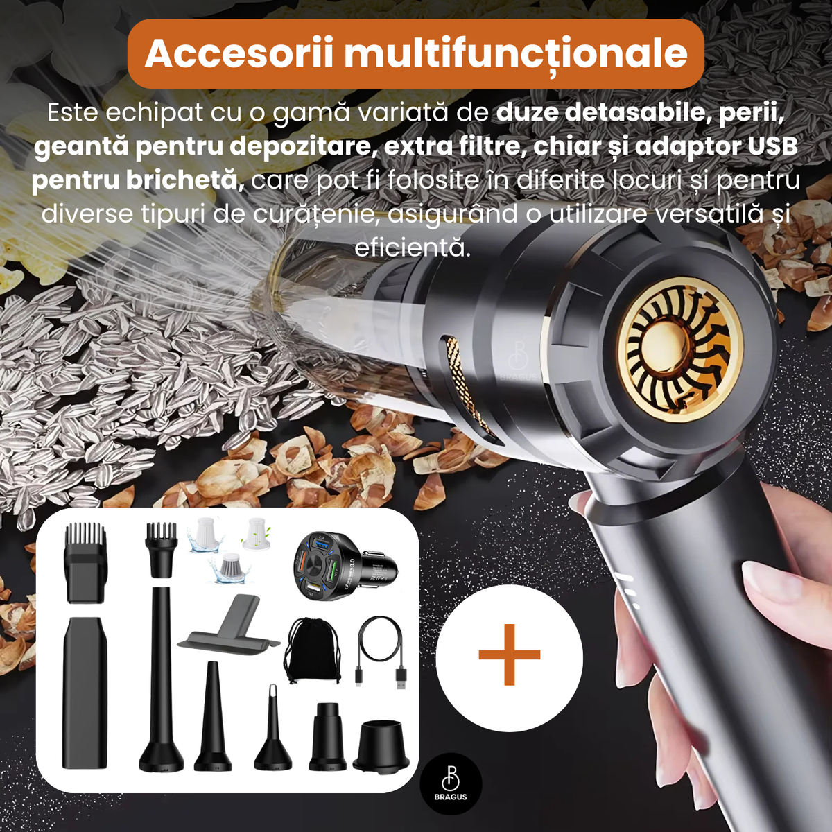 Mini Aspirator Auto Portabil, 16000 PA, Baterie 6000mAh, 100W, 90000RPM, Autonomie 30min, Aspirare, Suflare, Vacuum, 3 Viteze, 9 Accesorii, 3 Filtre HEPA Reutilizabile, Pentru Mașină și Casă