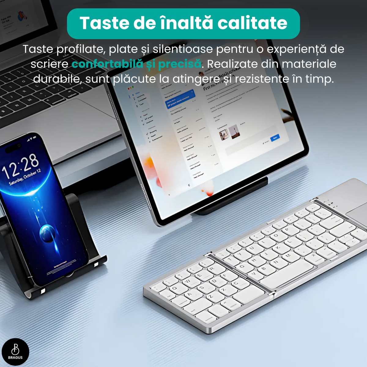Tastatură wireless pliabilă, ultra-subțire, portabilă, reîncărcabilă USB-C, touch pad cu 2 click-uri, pliabilă în 3 secțiuni, Bluetooth 5.0, compatibilă Android, iOS, Smart TV, tabletă, PC, 200g