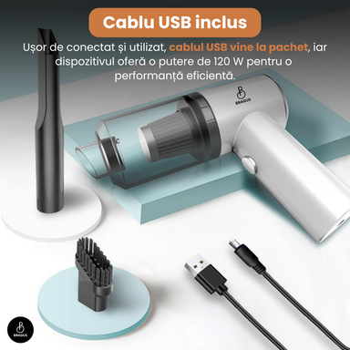 Mini Aspirator Auto Portabil, Acumulator 2400mAh, 9000Pa, 120W, Autonomie 30min, 2 în 1 Aspirare și Suflare, Vidare, Umflare, LED, Filtru HEPA, 3 Filtre Incluse, pentru Mașină și Casă, Încărcare USB