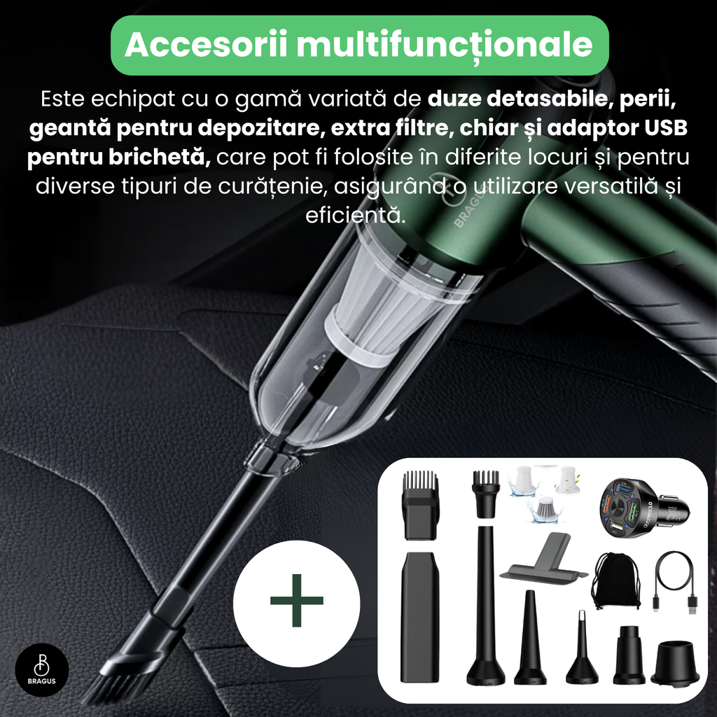 Mini Aspirator Portabil, BRAGUS, Pliabil, 16000Pa, 100W, Baterie 6000mAh, Autonomie 30min, 2în1 Aspirare și Suflare, Vidare, Umflare, 9 Accesorii, 3 Viteze, Filtru HEPA Reutilizabil, 3 Filtre