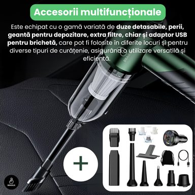 Mini Aspirator Portabil, BRAGUS, Pliabil, 16000Pa, 100W, Baterie 6000mAh, Autonomie 30min, 2în1 Aspirare și Suflare, Vidare, Umflare, 9 Accesorii, 3 Viteze, Filtru HEPA Reutilizabil, 3 Filtre