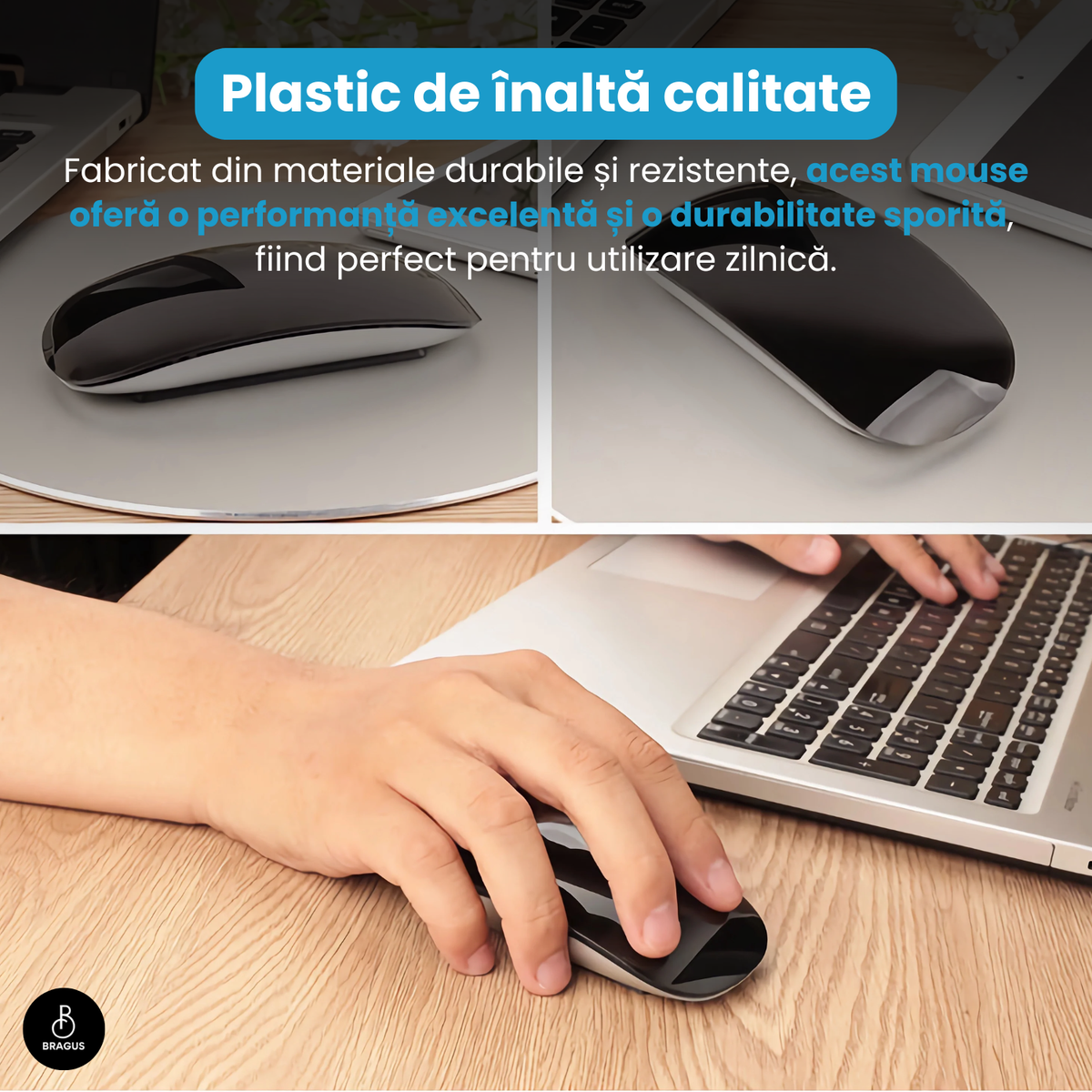 Mouse Wireless cu Gesturi, BRAGUS, Reîncărcabil USB-C, Ultra Subțire, 1600 dpi, 68gr, Mouse Touch cu Gesturi, Silențios, Design Elegant, Compact, Mouse fără fir, Compatibil cu Laptop, Telefon, Tabletă