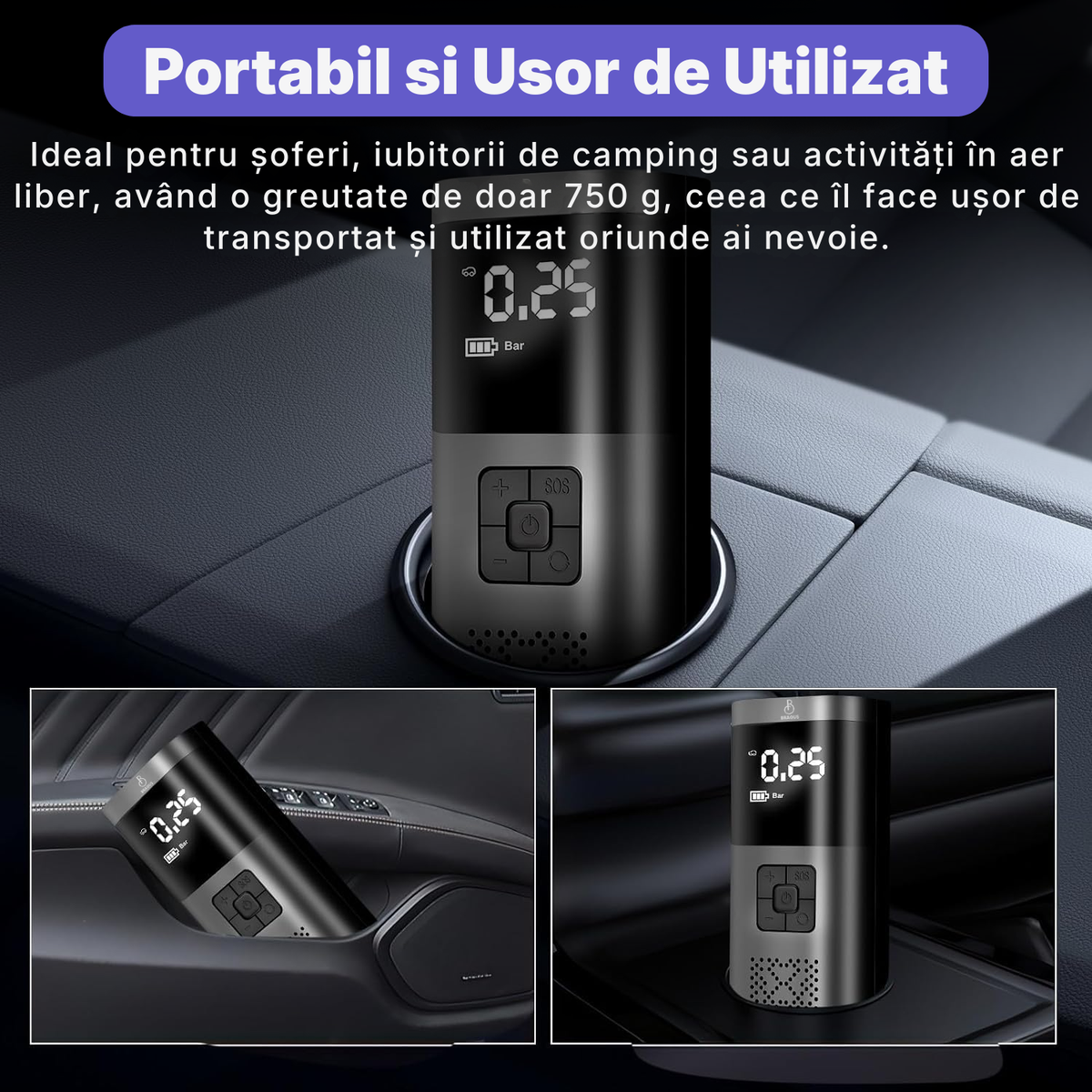 Compresor Auto Portabil, 3 în 1, Baterie 6000mAh tip Powerbank, Digital, Manometru, Lanternă LED, 150PSI, Debit 20L, Pompă Aer Mașină, 4 Accesorii, Încărcare USB, Umflare Roți, Minge, Bicicletă, Negru