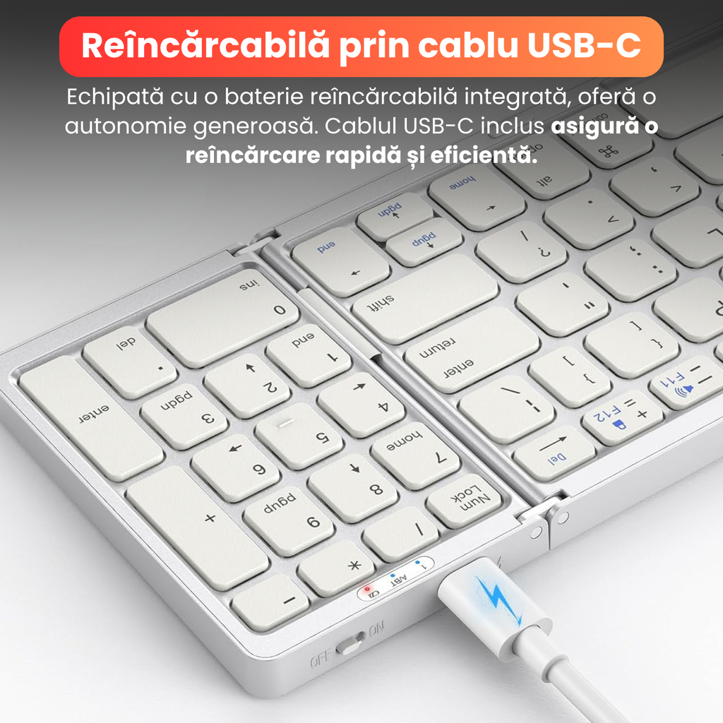 Tastatură Pliabilă Ultra Subțire, Bluetooth 5.0, Reîncărcabilă USB, 140mAh, Autonomie 100h, Pliabilă în 3 secțiuni, 3 Conexiuni Simultane, Wireless, Compatibilă cu Android, iOS, Smart TV, PC, 200g