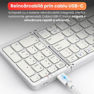 Tastatură Pliabilă Ultra Subțire, Bluetooth 5.0, Reîncărcabilă USB, 140mAh, Autonomie 100h, Pliabilă în 3 secțiuni, 3 Conexiuni Simultane, Wireless, Compatibilă cu Android, iOS, Smart TV, PC, 200g