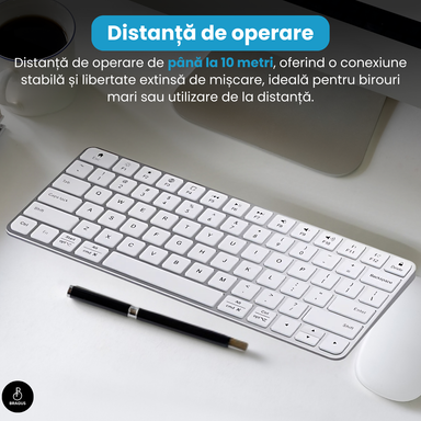 Tastatură Wireless Reîncărcabilă, BRAGUS, Bluetooth 5.1, USB, 500mAh, Ultra Subțire, Aluminiu, Conectare Simultană pe 3 Dispozitive, Compatibilă PC, Windows, Mac, iOS, Android, Type-C, 230g