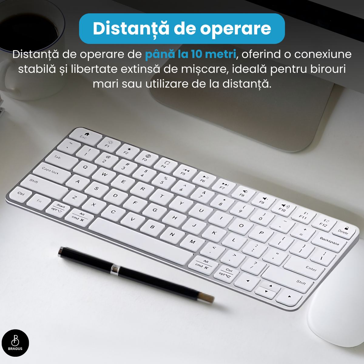 Tastatură Wireless Reîncărcabilă, BRAGUS, Bluetooth 5.1, USB, 500mAh, Ultra Subțire, Aluminiu, Conectare Simultană pe 3 Dispozitive, Compatibilă PC, Windows, Mac, iOS, Android, Type-C, 230g