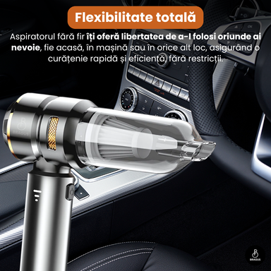 Mini Aspirator Auto Portabil, 16000 PA, Baterie 6000mAh, 100W, 90000RPM, Autonomie 30min, Aspirare, Suflare, Vacuum, 3 Viteze, 9 Accesorii, 3 Filtre HEPA Reutilizabile, Pentru Mașină și Casă