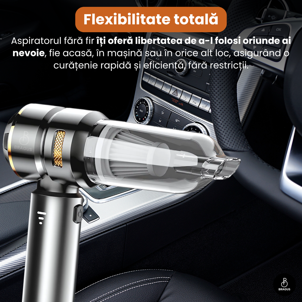 Mini Aspirator Auto Portabil, 16000 PA, Baterie 6000mAh, 100W, 90000RPM, Autonomie 30min, Aspirare, Suflare, Vacuum, 3 Viteze, 9 Accesorii, 3 Filtre HEPA Reutilizabile, Pentru Mașină și Casă