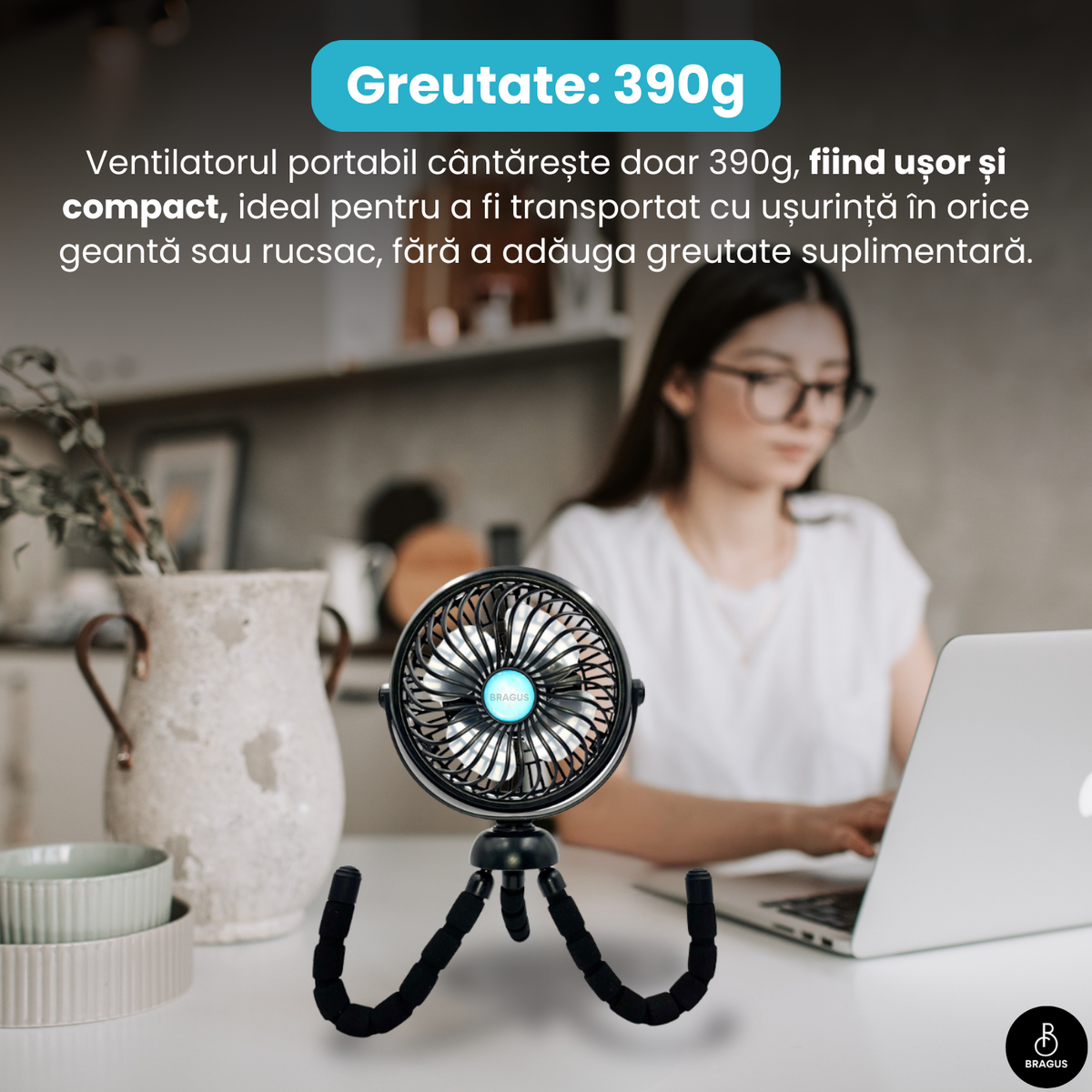 Ventilator Portabil, Trepied Flexibil și Detașabil, Baterie 2600mAh, Autonomie 10h, Reîncărcabil USB, 3 Trepte, Rotire 360, Silențios, Ventilator Mobil Birou, Călătorie, Camping, Mașină, Casă, Negru