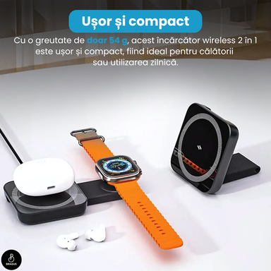 Încărcător Wireless 2 în 1, Încărcare Simultană 2 Dispozitive, Pliabil, Tehnologie MagSafe, Încărcare Duală, Magnet Puternic, Suport pentru Telefon, Compatibil iPhone, Apple Watch, AirPods, Negru