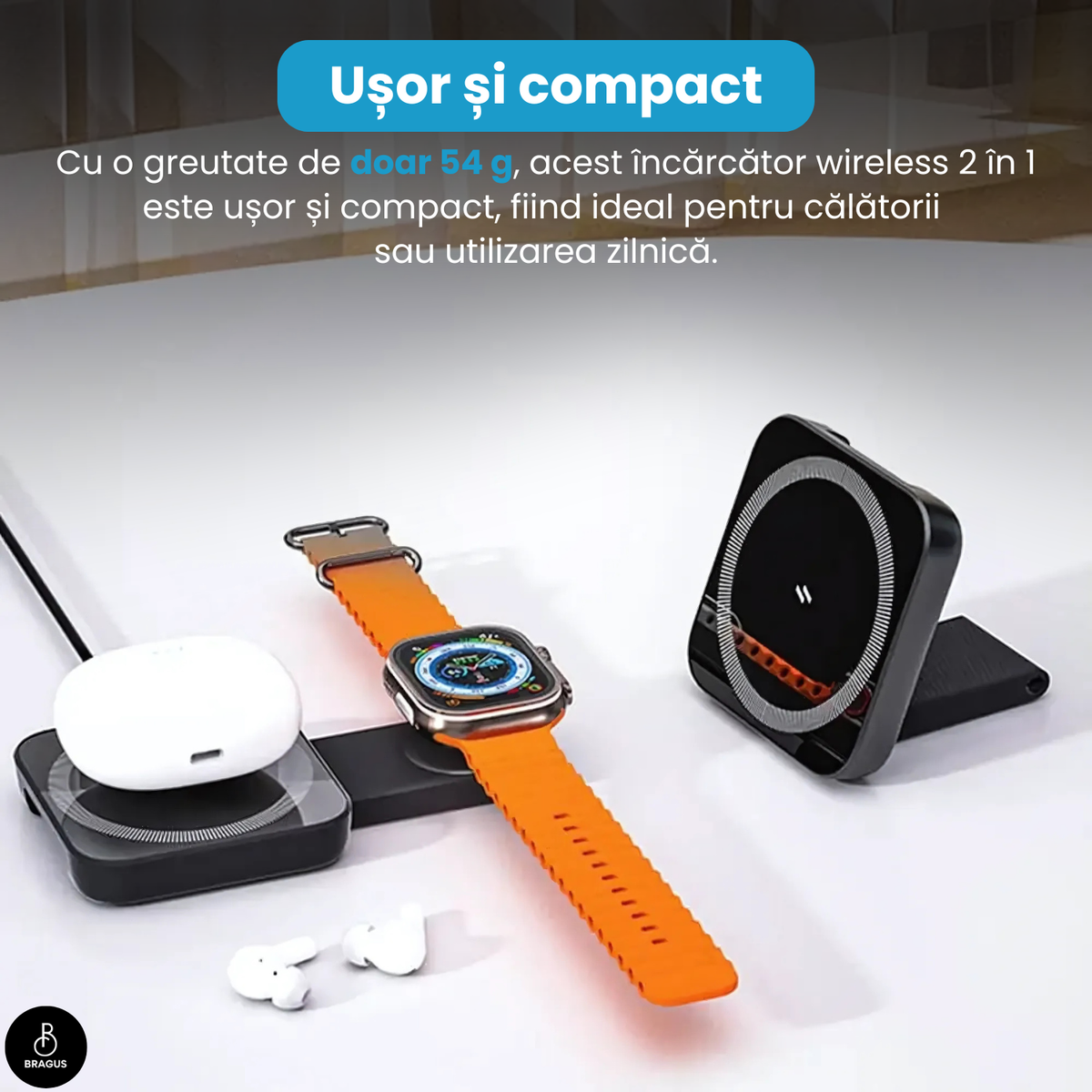 Încărcător Wireless 2 în 1, Încărcare Simultană 2 Dispozitive, Pliabil, Tehnologie MagSafe, Încărcare Duală, Magnet Puternic, Suport pentru Telefon, Compatibil iPhone, Apple Watch, AirPods, Negru