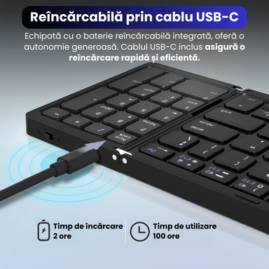 Tastatură Pliabilă Ultra Subțire, Bluetooth 5.0, Reîncărcabilă USB, 140mAh, Autonomie 100h, Pliabilă în 3 secțiuni, 3 Conexiuni Simultane, Wireless, Compatibilă cu Android, iOS, Smart TV, PC, 200g