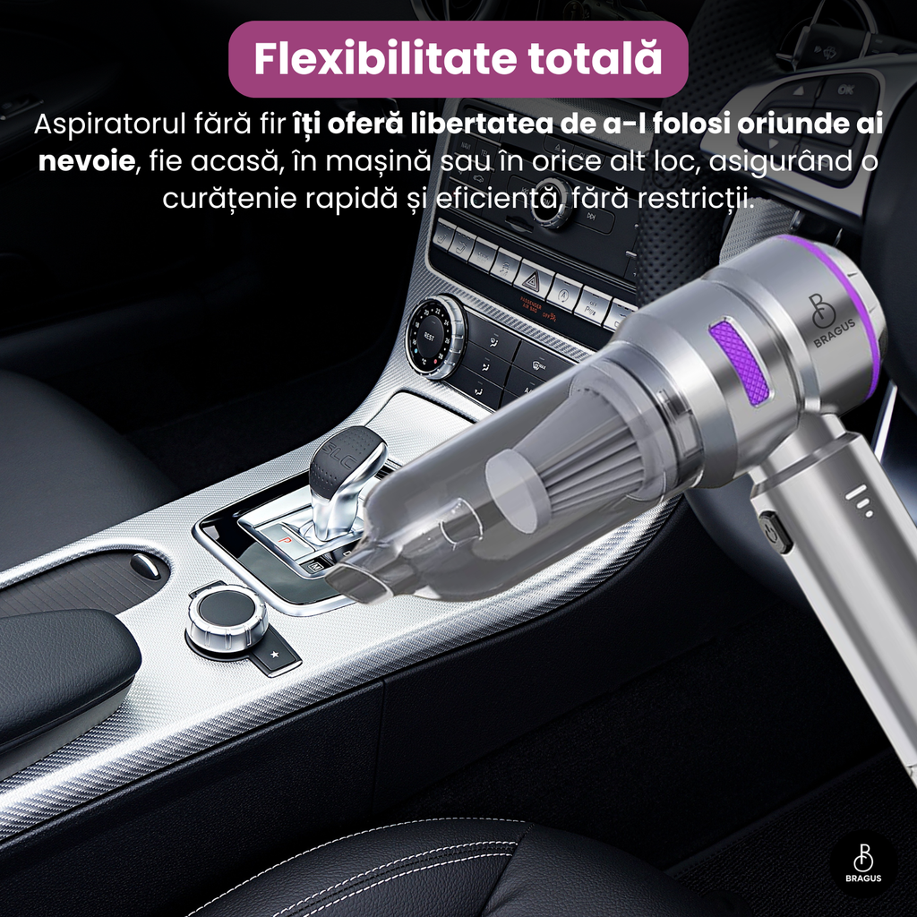 Mini Aspirator Auto Portabil, 16000 PA, Baterie 6000mAh, 100W, 90000RPM, Autonomie 30min, Aspirare, Suflare, Vacuum, 3 Viteze, 9 Accesorii, 3 Filtre HEPA Reutilizabile, Pentru Mașină și Casă