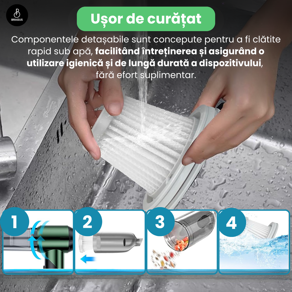Mini Aspirator Portabil, BRAGUS, Pliabil, 16000Pa, 100W, Baterie 6000mAh, Autonomie 30min, 2în1 Aspirare și Suflare, Vidare, Umflare, 9 Accesorii, 3 Viteze, Filtru HEPA Reutilizabil, 3 Filtre