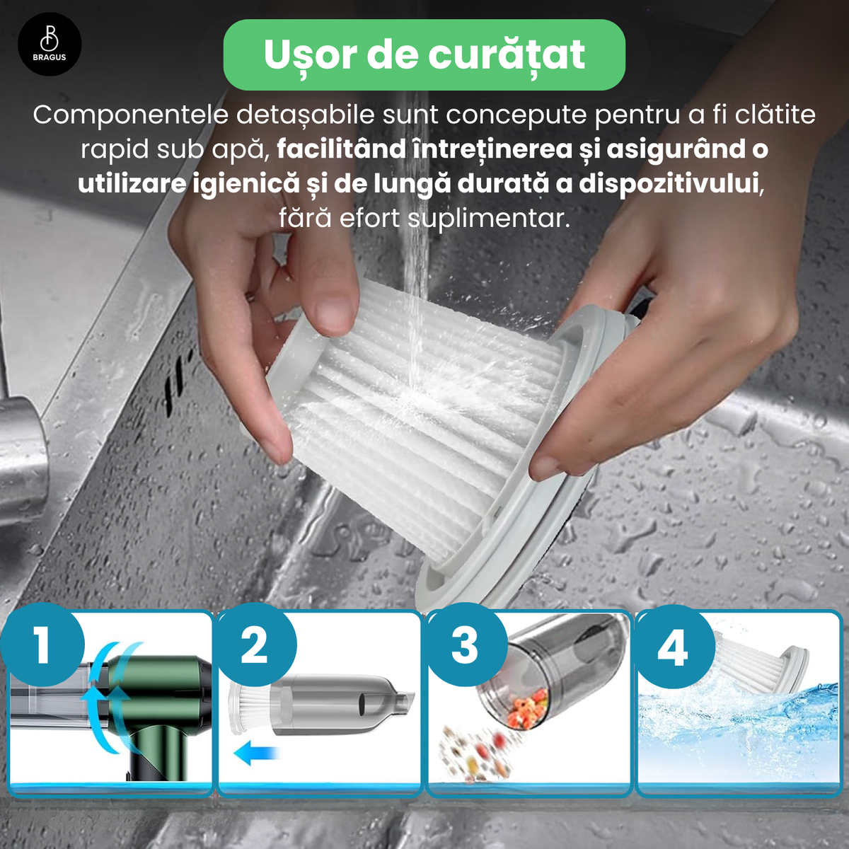 Mini Aspirator Portabil, BRAGUS, Pliabil, 16000Pa, 100W, Baterie 6000mAh, Autonomie 30min, 2în1 Aspirare și Suflare, Vidare, Umflare, 9 Accesorii, 3 Viteze, Filtru HEPA Reutilizabil, 3 Filtre