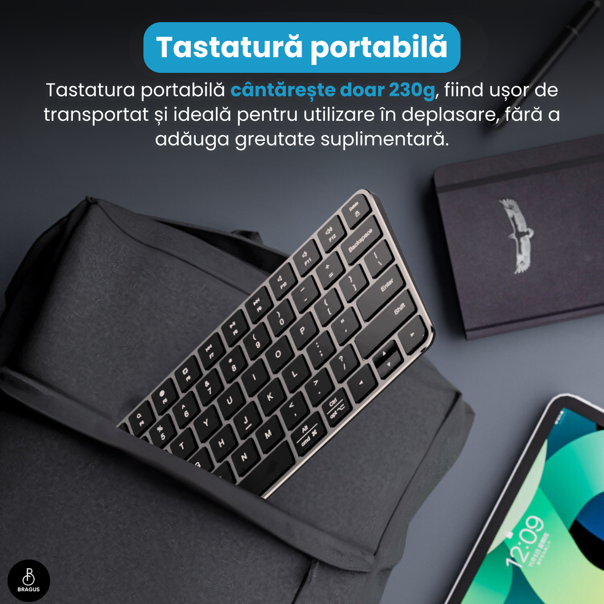 Tastatură Wireless Reîncărcabilă, BRAGUS, Bluetooth 5.1, USB, 500mAh, Ultra Subțire, Aluminiu, Conectare Simultană pe 3 Dispozitive, Compatibilă PC, Windows, Mac, iOS, Android, Type-C, 230g