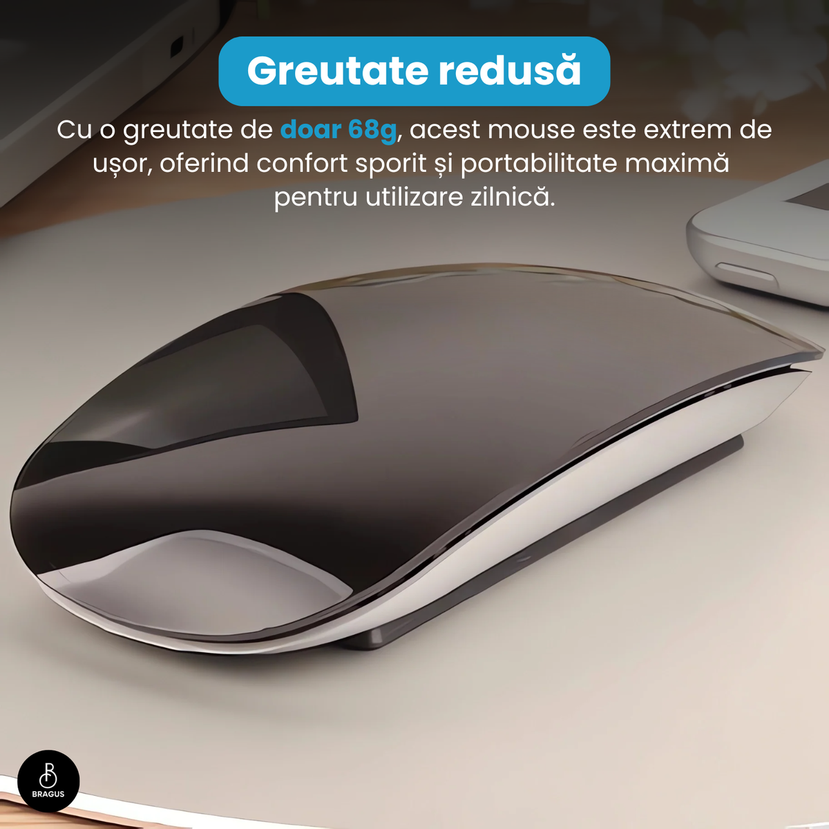 Mouse Wireless cu Gesturi, BRAGUS, Reîncărcabil USB-C, Ultra Subțire, 1600 dpi, 68gr, Mouse Touch cu Gesturi, Silențios, Design Elegant, Compact, Mouse fără fir, Compatibil cu Laptop, Telefon, Tabletă