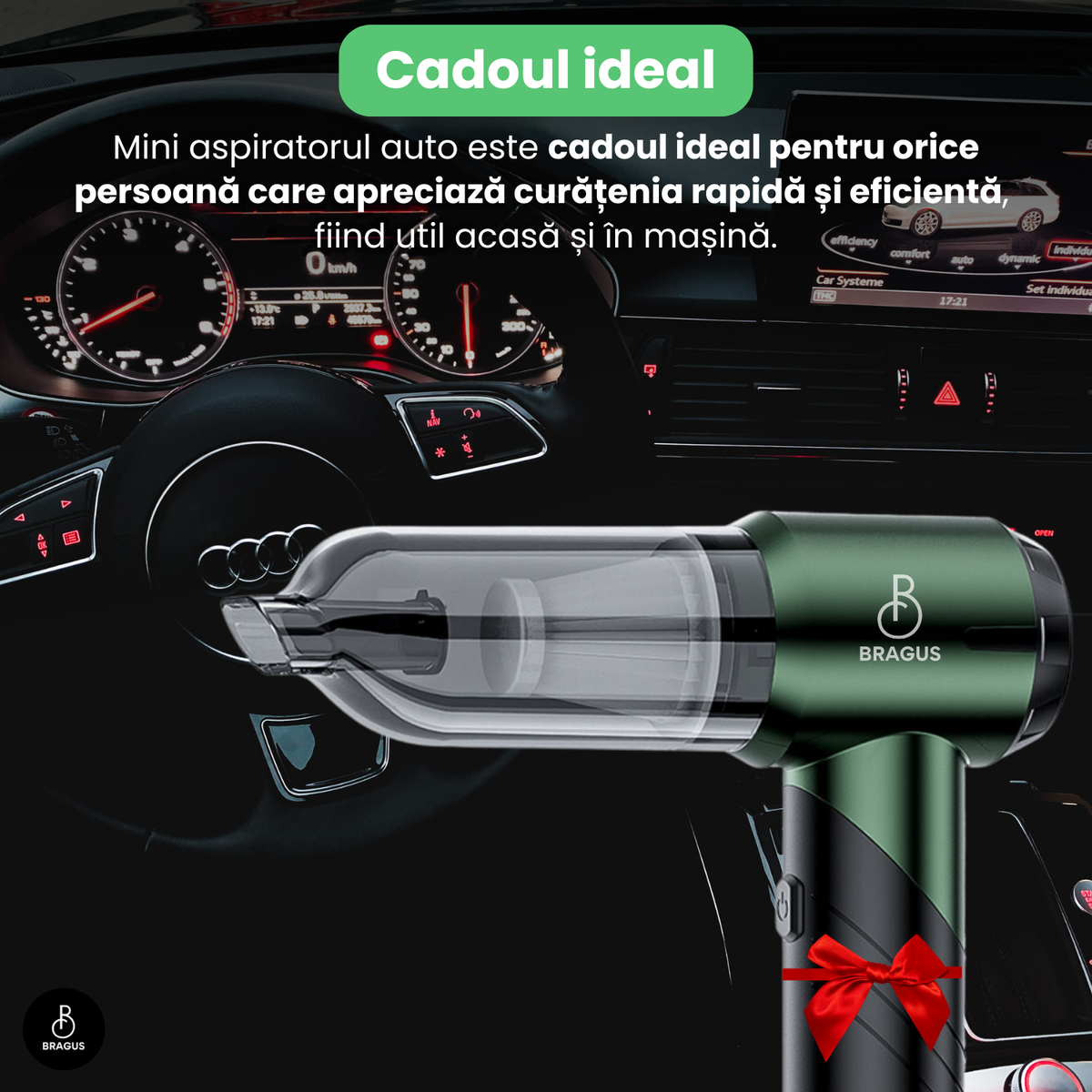 Mini Aspirator Portabil, BRAGUS, Pliabil, 16000Pa, 100W, Baterie 6000mAh, Autonomie 30min, 2în1 Aspirare și Suflare, Vidare, Umflare, 9 Accesorii, 3 Viteze, Filtru HEPA Reutilizabil, 3 Filtre