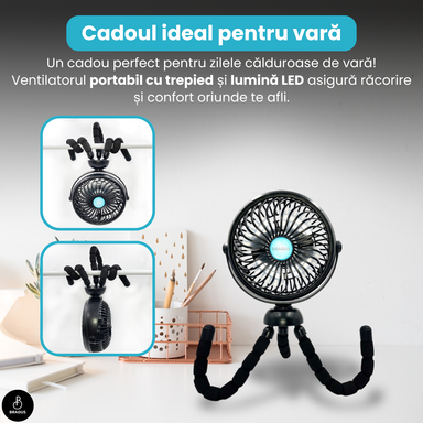 Ventilator Portabil, Trepied Flexibil și Detașabil, Baterie 2600mAh, Autonomie 10h, Reîncărcabil USB, 3 Trepte, Rotire 360, Silențios, Ventilator Mobil Birou, Călătorie, Camping, Mașină, Casă, Negru