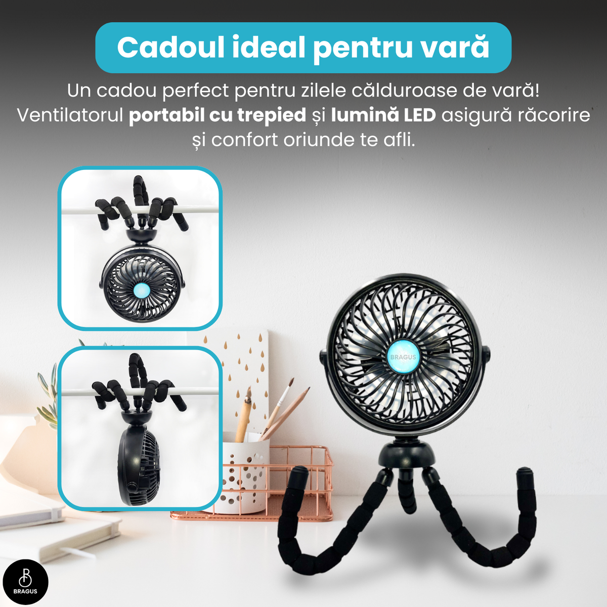 Ventilator Portabil, Trepied Flexibil și Detașabil, Baterie 2600mAh, Autonomie 10h, Reîncărcabil USB, 3 Trepte, Rotire 360, Silențios, Ventilator Mobil Birou, Călătorie, Camping, Mașină, Casă, Negru