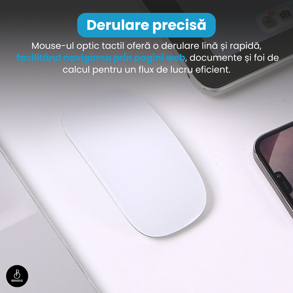 Mouse Wireless cu Gesturi, BRAGUS, Reîncărcabil USB-C, Ultra Subțire, 1600 dpi, 68gr, Mouse Touch cu Gesturi, Silențios, Design Elegant, Compact, Mouse fără fir, Compatibil cu Laptop, Telefon, Tabletă