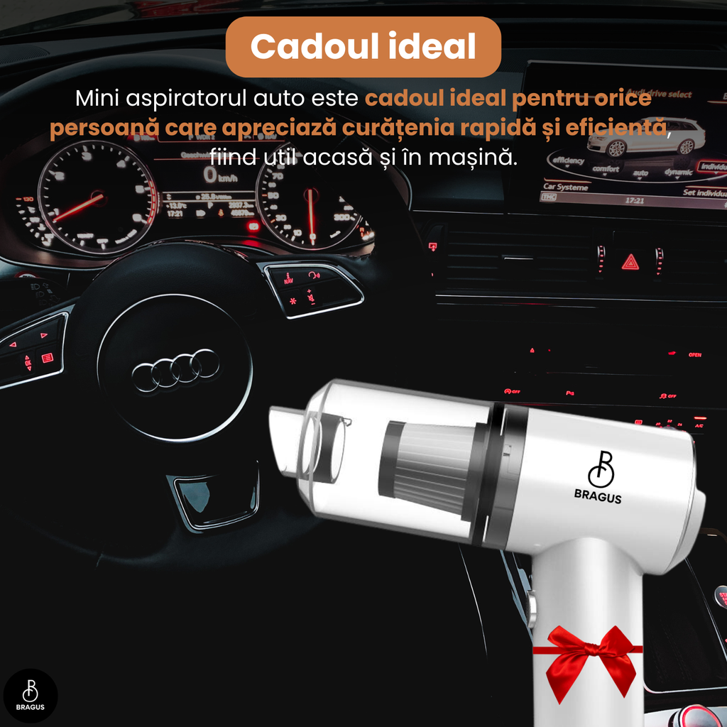 Mini Aspirator Auto Portabil, Acumulator 2400mAh, 9000Pa, 120W, Autonomie 30min, 2 în 1 Aspirare și Suflare, Vidare, Umflare, LED, Filtru HEPA, 3 Filtre Incluse, pentru Mașină și Casă, Încărcare USB