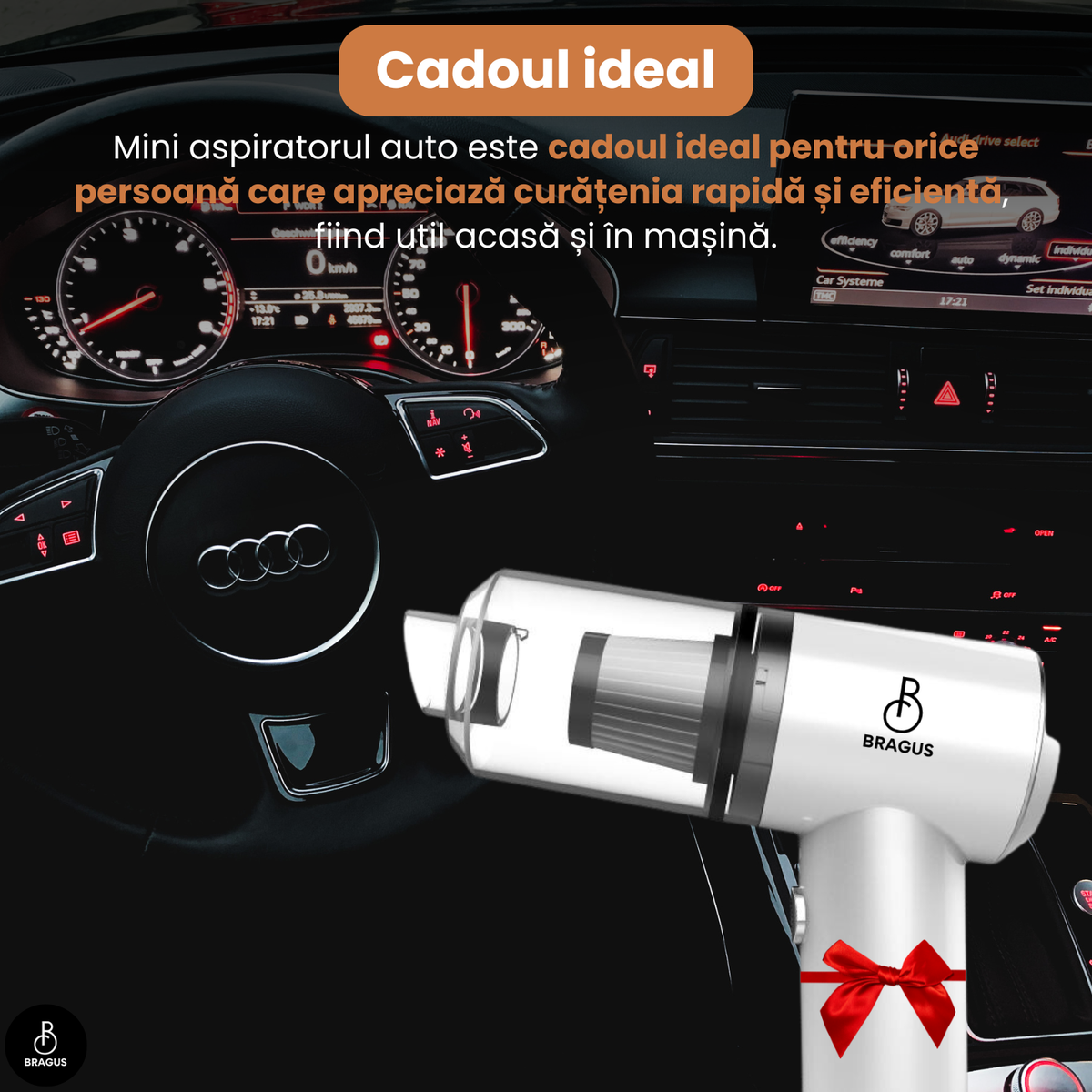 Mini Aspirator Auto Portabil, Acumulator 2400mAh, 9000Pa, 120W, Autonomie 30min, 2 în 1 Aspirare și Suflare, Vidare, Umflare, LED, Filtru HEPA, 3 Filtre Incluse, pentru Mașină și Casă, Încărcare USB