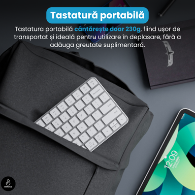 Tastatură Wireless Reîncărcabilă, BRAGUS, Bluetooth 5.1, USB, 500mAh, Ultra Subțire, Aluminiu, Conectare Simultană pe 3 Dispozitive, Compatibilă PC, Windows, Mac, iOS, Android, Type-C, 230g