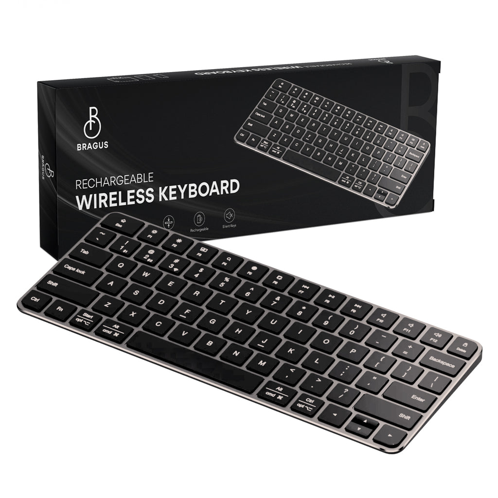 Tastatură Wireless Reîncărcabilă, BRAGUS, Bluetooth 5.1, USB, 500mAh, Ultra Subțire, Aluminiu, Conectare Simultană pe 3 Dispozitive, Compatibilă PC, Windows, Mac, iOS, Android, Type-C, 230g