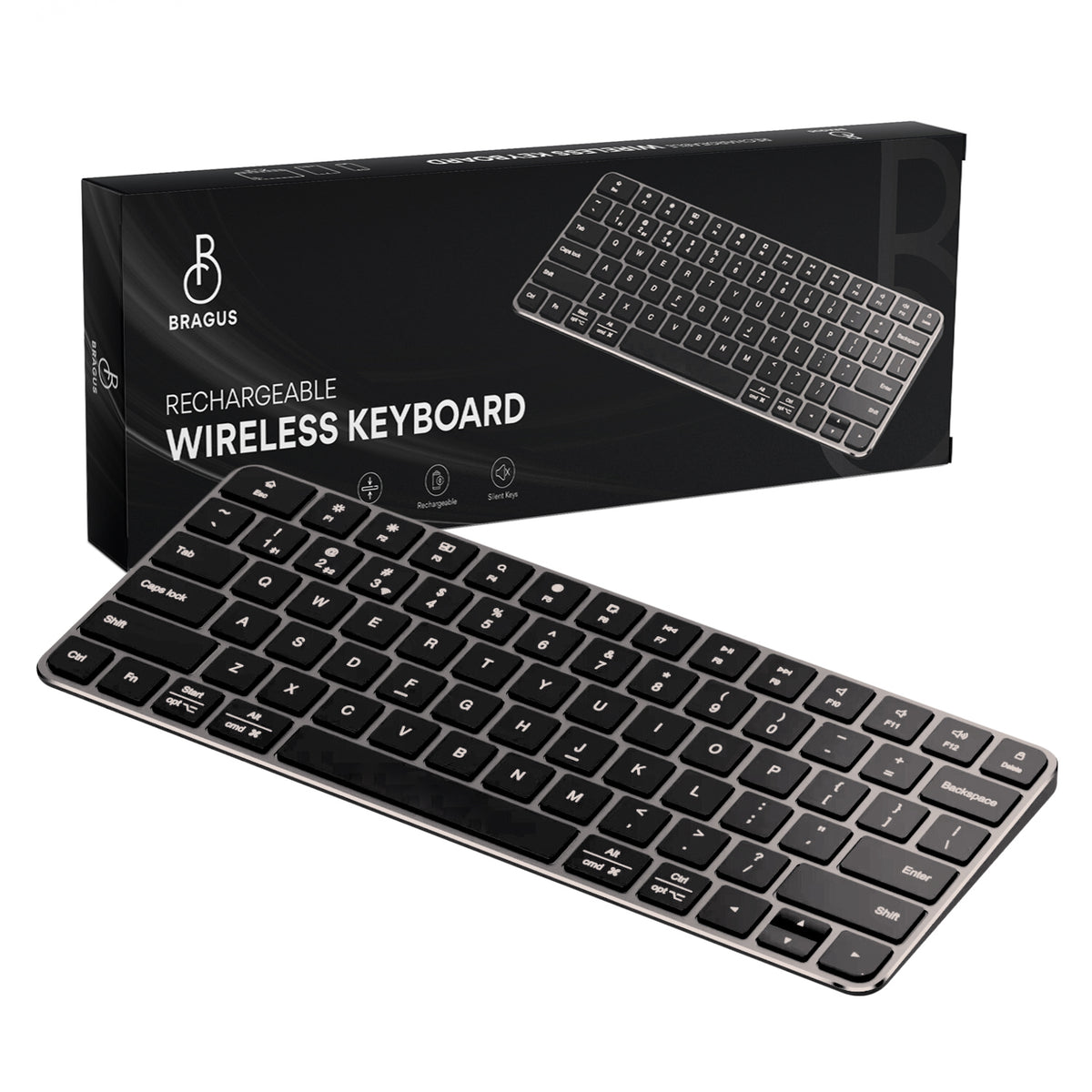 Tastatură Wireless Reîncărcabilă, BRAGUS, Bluetooth 5.1, USB, 500mAh, Ultra Subțire, Aluminiu, Conectare Simultană pe 3 Dispozitive, Compatibilă PC, Windows, Mac, iOS, Android, Type-C, 230g