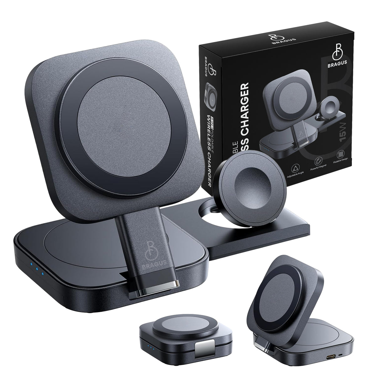 Încărcător Wireless 3 în 1, BRAGUS, Încărcare Simultană 3 Dispozitive, Încărcător Telefon Portabil, Tehnologie MagSafe, Reglabil, Încărcător Wireless Multiport, Compatibil iPhone, Apple Watch, AirPods