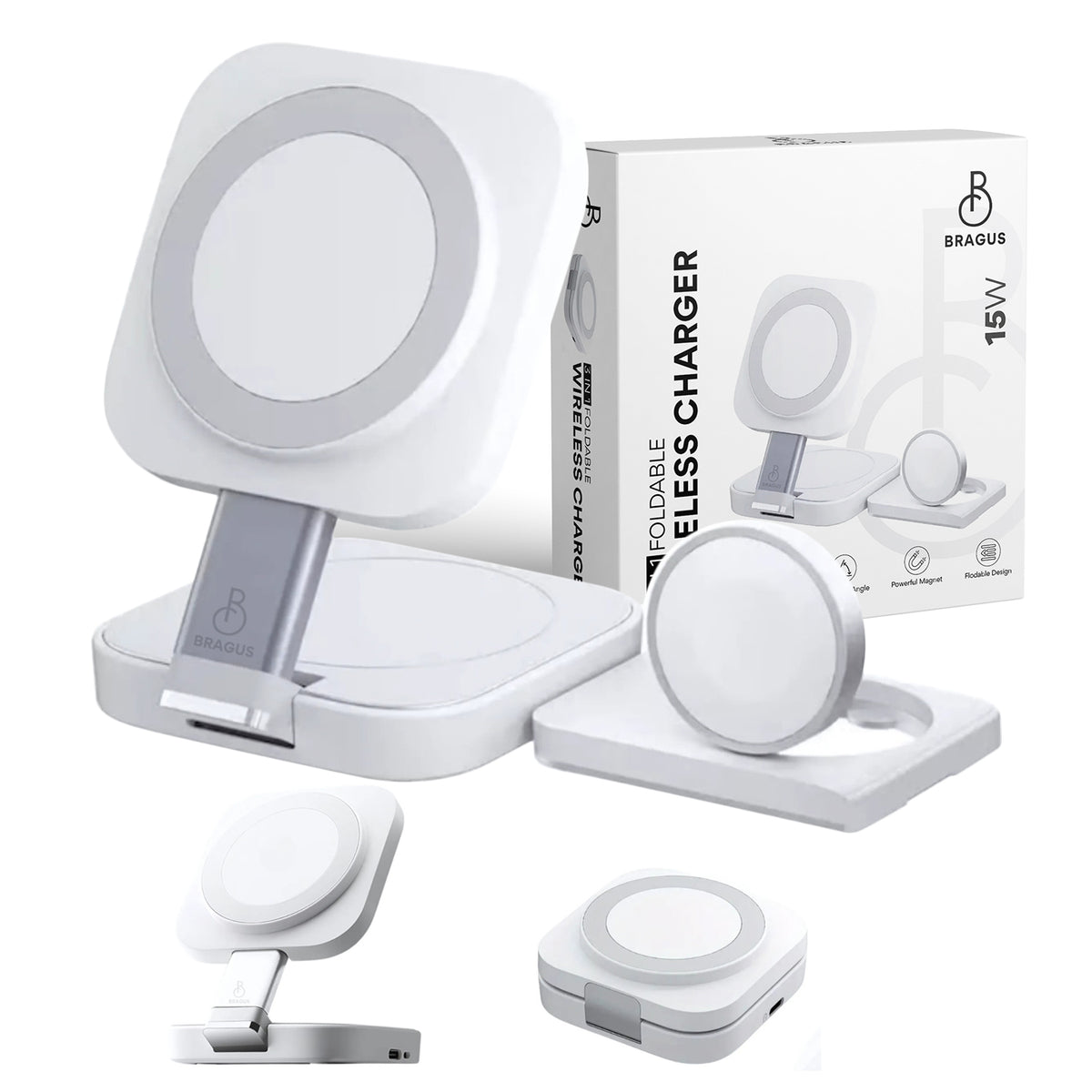 Încărcător Wireless 3 în 1, BRAGUS, Încărcare Simultană 3 Dispozitive, Încărcător Telefon Portabil, Tehnologie MagSafe, Reglabil, Încărcător Wireless Multiport, Compatibil iPhone, Apple Watch, AirPods