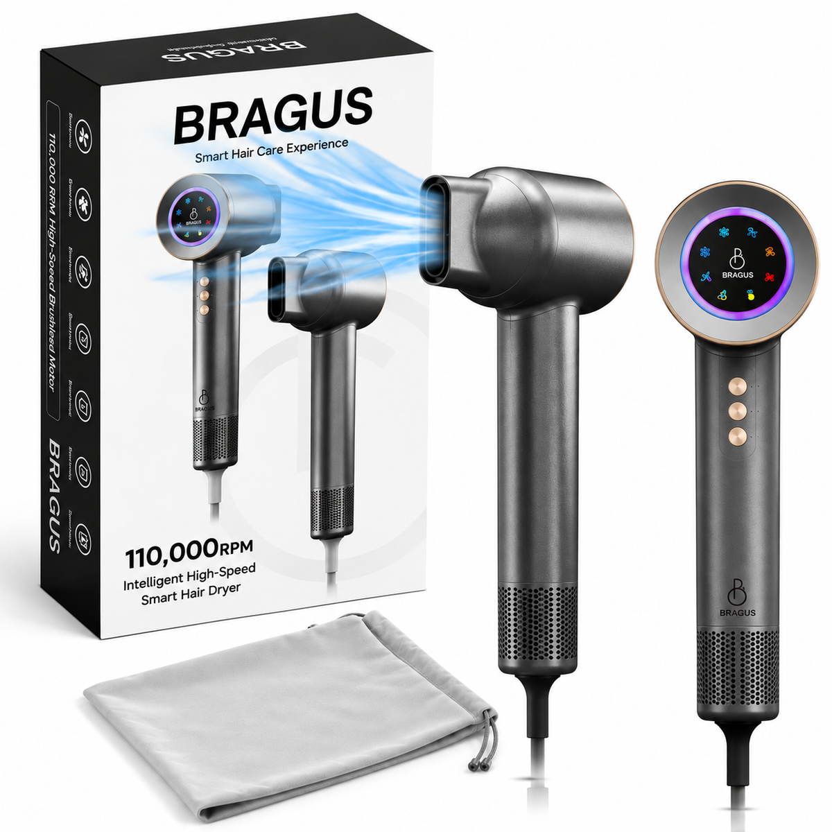 Uscător de Păr Profesional BRAGUS, 1600W, 110.000 RPM, Ecran LCD, Plasmă, Motor Brushless, Senzor Pornire/Oprire Automată, 5 Trepte de Temperatură, 3 Viteze, Duză Magnetică, Silențios, Curățare Automată