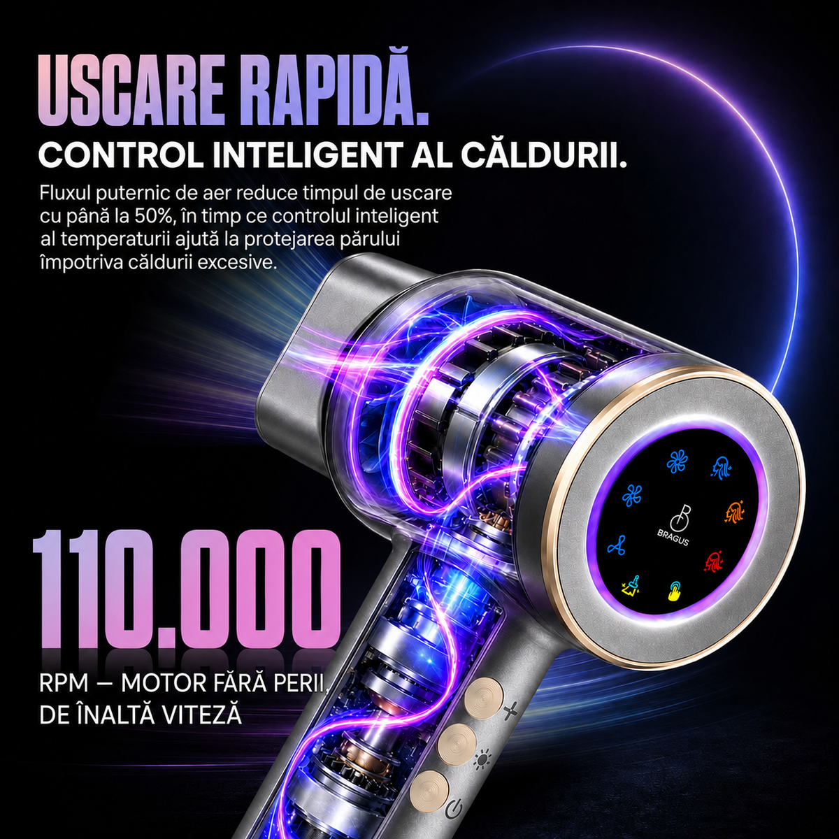 Uscător de Păr Profesional BRAGUS, 1600W, 110.000 RPM, Ecran LCD, Plasmă, Motor Brushless, Senzor Pornire/Oprire Automată, 5 Trepte de Temperatură, 3 Viteze, Duză Magnetică, Silențios, Curățare Automată
