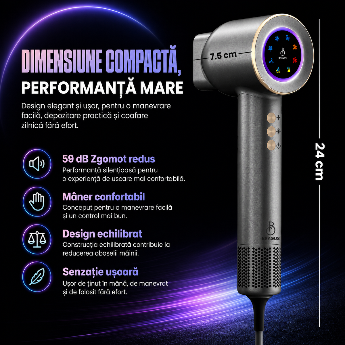 Uscător de Păr Profesional BRAGUS, 1600W, 110.000 RPM, Ecran LCD, Plasmă, Motor Brushless, Senzor Pornire/Oprire Automată, 5 Trepte de Temperatură, 3 Viteze, Duză Magnetică, Silențios, Curățare Automată