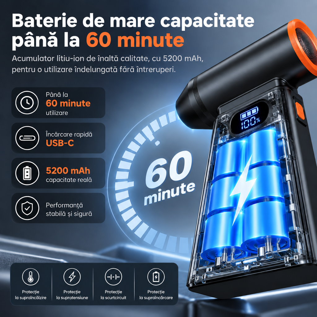 Suflantă Aer Comprimat, Portabilă, Turbo 110000 RPM, 4 Trepte de Viteză, Baterie 5200 mAh, Lumină LED, Până la 60 Minute Utilizare, Reîncărcabilă USB-C, Motor Brushless 100W, Pentru Curte sau Mașină