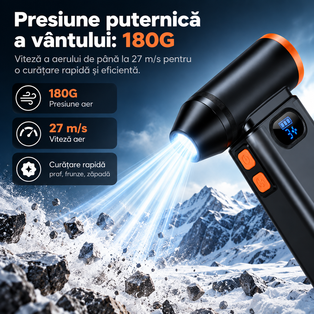 Suflantă Aer Comprimat, Portabilă, Turbo 110000 RPM, 4 Trepte de Viteză, Baterie 5200 mAh, Lumină LED, Până la 60 Minute Utilizare, Reîncărcabilă USB-C, Motor Brushless 100W, Pentru Curte sau Mașină