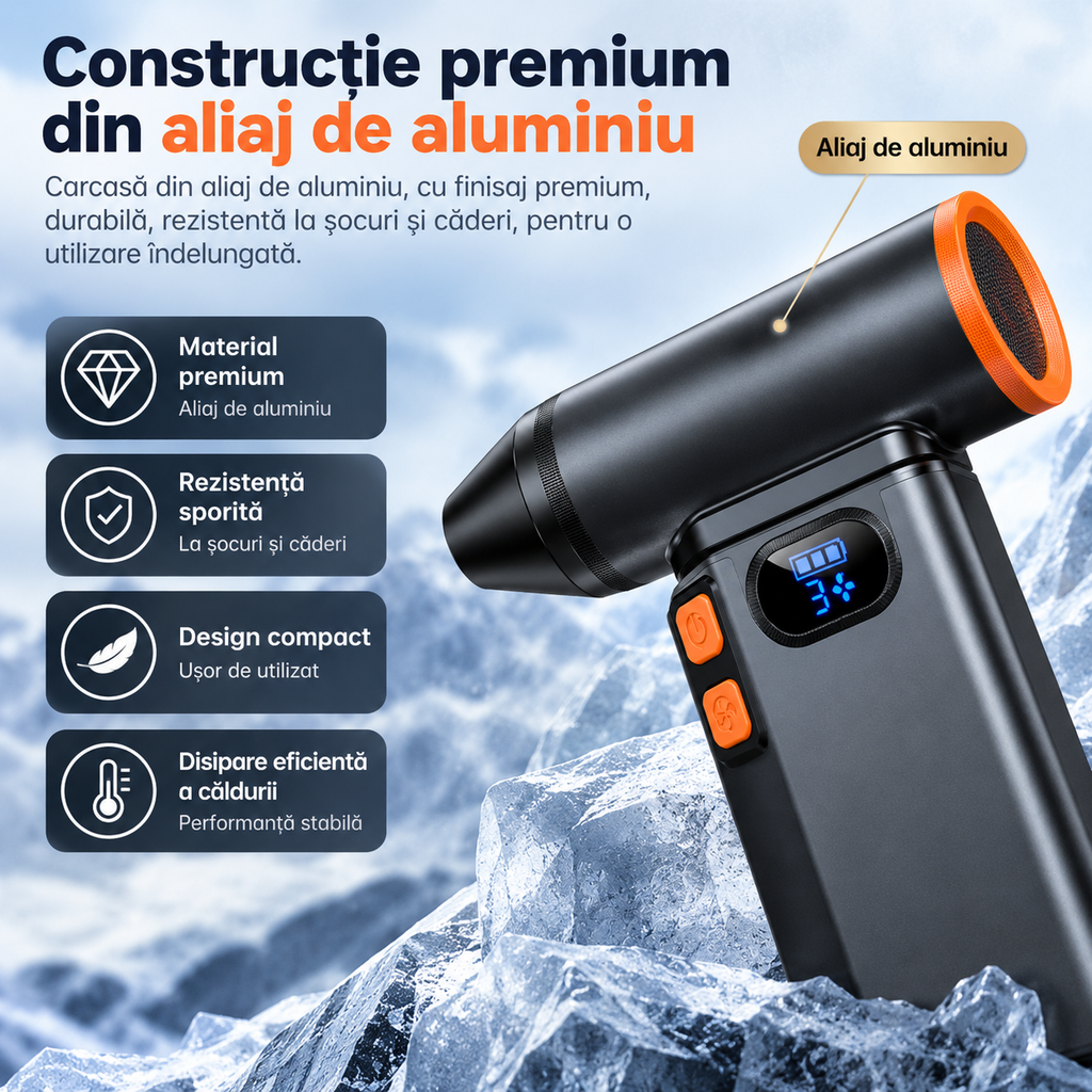 Suflantă Aer Comprimat, Portabilă, Turbo 110000 RPM, 4 Trepte de Viteză, Baterie 5200 mAh, Lumină LED, Până la 60 Minute Utilizare, Reîncărcabilă USB-C, Motor Brushless 100W, Pentru Curte sau Mașină