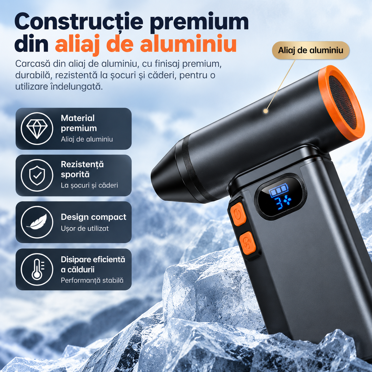 Suflantă Aer Comprimat, Portabilă, Turbo 110000 RPM, 4 Trepte de Viteză, Baterie 5200 mAh, Lumină LED, Până la 60 Minute Utilizare, Reîncărcabilă USB-C, Motor Brushless 100W, Pentru Curte sau Mașină